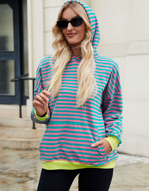 Load image into Gallery viewer, Drawstring Contrast Striped Long Sleeve Hoodie
