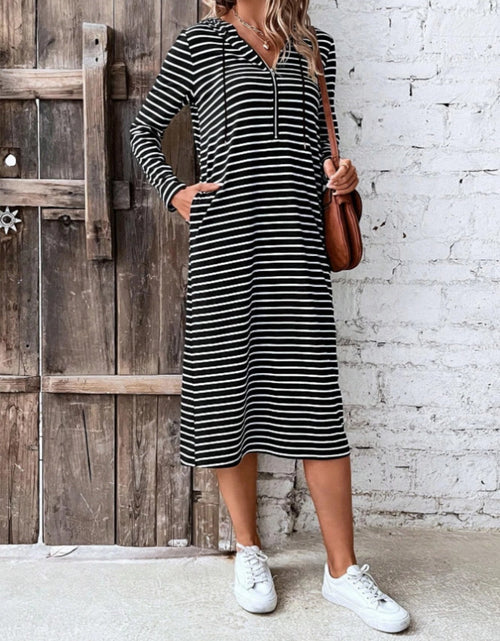 Load image into Gallery viewer, Striped Zip Front Hooded Dress
