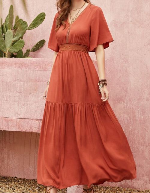 Load image into Gallery viewer, Lace Detail V-Neck Half Sleeve Midi Dress
