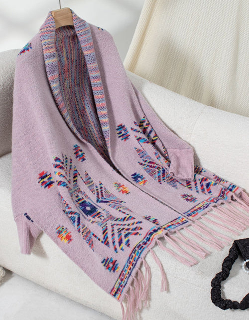 Load image into Gallery viewer, Fringe Geometric Open Front Long Sleeve Cape
