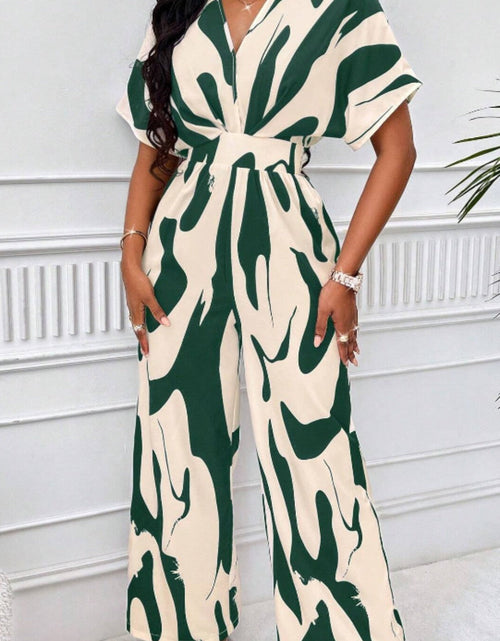 Load image into Gallery viewer, Printed V-Neck Short Sleeve Wide Leg Jumpsuit
