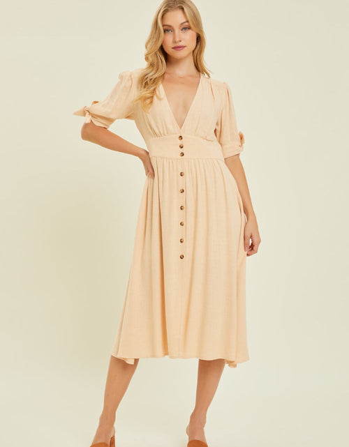 Load image into Gallery viewer, HEYSON Full Size Textured Linen V-Neck Button-Down Midi Dress

