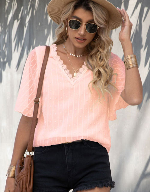 Load image into Gallery viewer, Shiny Swiss Dot Lace Trim Flutter Sleeve V-Neck Blouse

