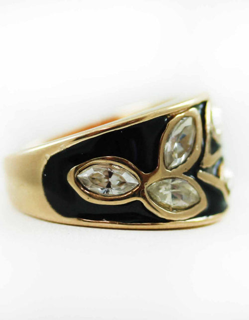 Load image into Gallery viewer, Vintage 1980's Black Enamel Ring with Clear Austrian Crystals Leaf Motif 18k Gold Plated by PVD Vintage Jewelry
