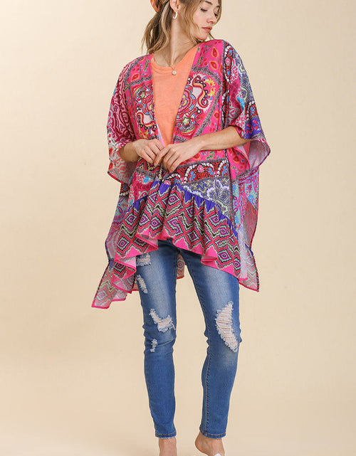Load image into Gallery viewer, Umgee Full Size Mixed Print Ruffle Hem Open Front Cover Up Plus Size
