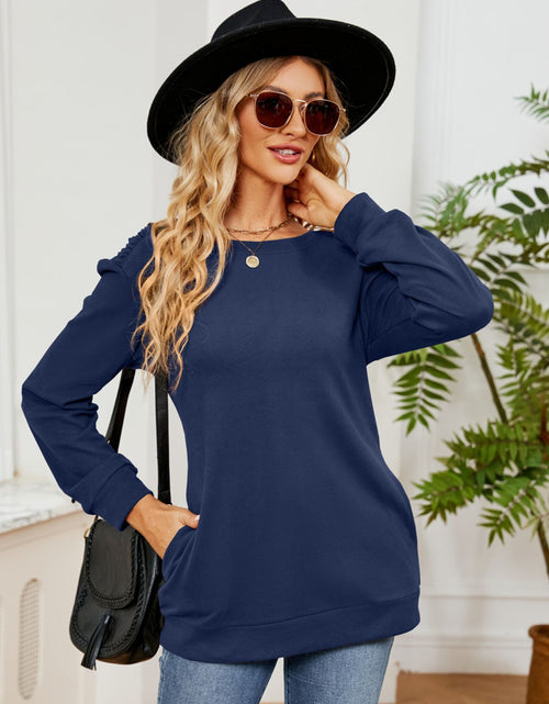 Load image into Gallery viewer, Ruched Shoulder Round Neck Long Sleeve Sweatshirt
