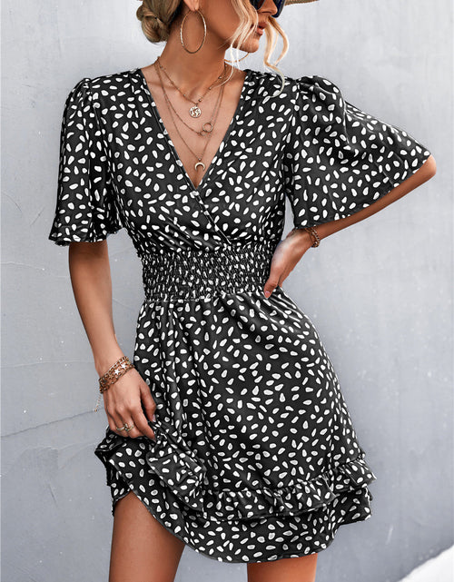 Load image into Gallery viewer, Printed Smocked Waist Layered Surplice Dress
