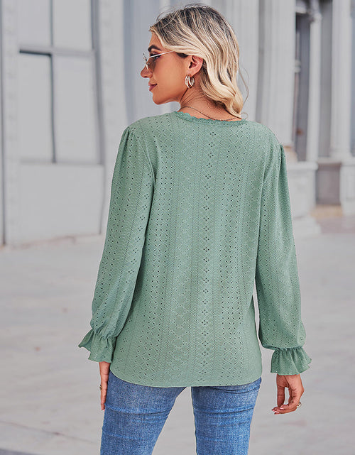 Load image into Gallery viewer, Eyelet V-Neck Flounce Sleeve Blouse

