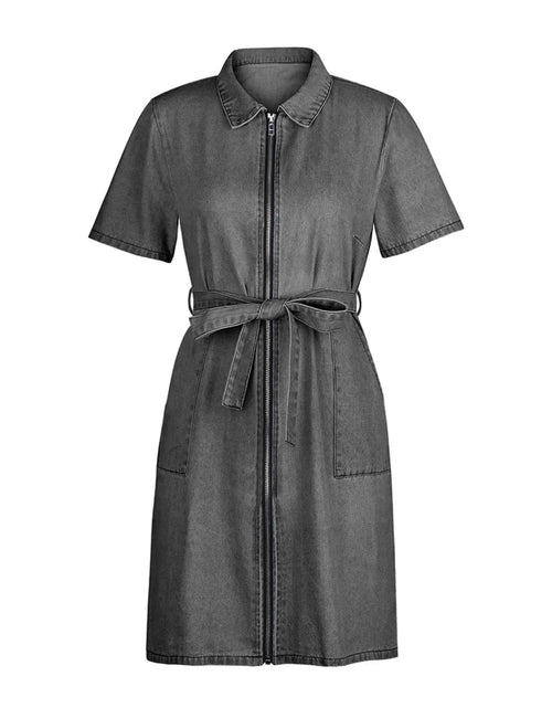 Load image into Gallery viewer, Full Size Zip Front Short Sleeve Denim Dress Plus Size
