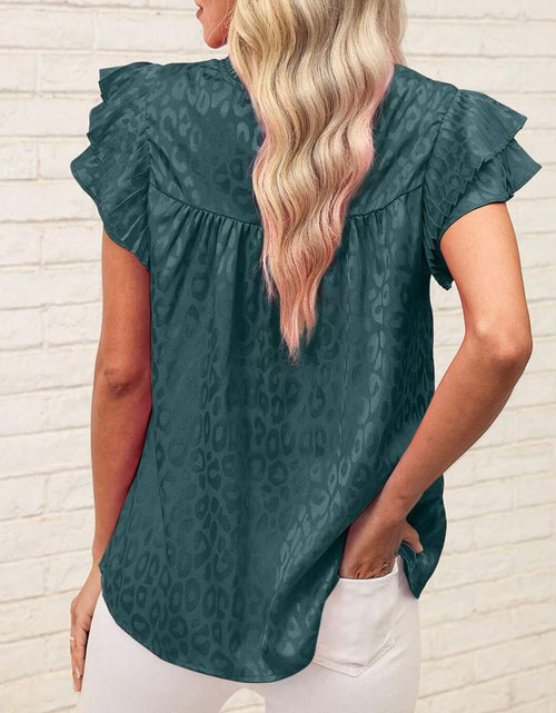 Load image into Gallery viewer, Leopard Frill Mock Neck Ruffled Cap Sleeve Top
