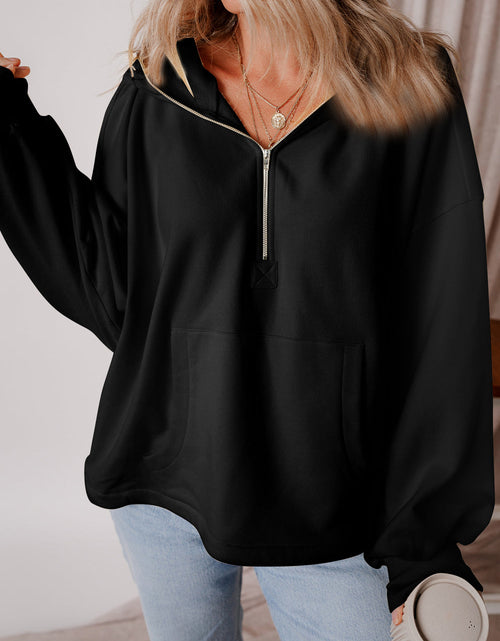 Load image into Gallery viewer, Pocketed Half Zip Dropped Shoulder Hoodie

