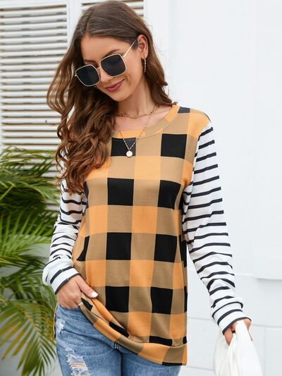 Load image into Gallery viewer, Plaid Striped Round Neck Long Sleeve T-Shirt
