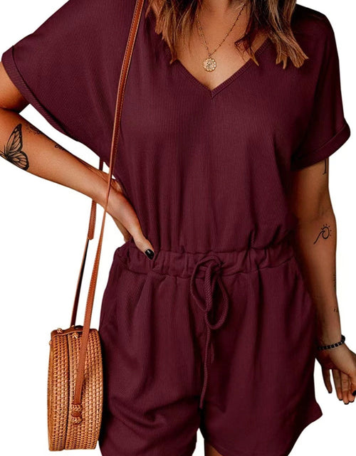 Load image into Gallery viewer, Full Size Drawstring V-Neck Short Sleeve Romper
