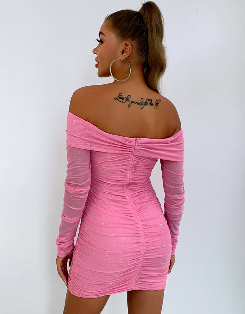 Load image into Gallery viewer, Glitter Ruched Off-Shoulder Long Sleeve Bodycon Dress
