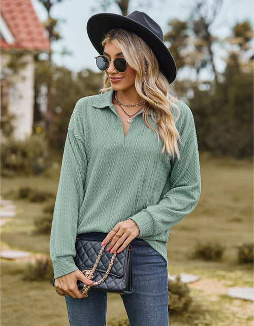 Load image into Gallery viewer, Collared Neck Cable-Knit Long Sleeve Blouse
