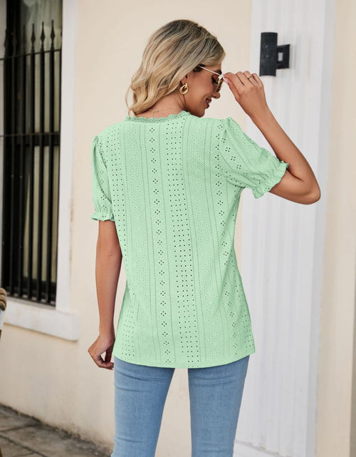 Load image into Gallery viewer, Eyelet Flounce Sleeve Scalloped V-Neck Top

