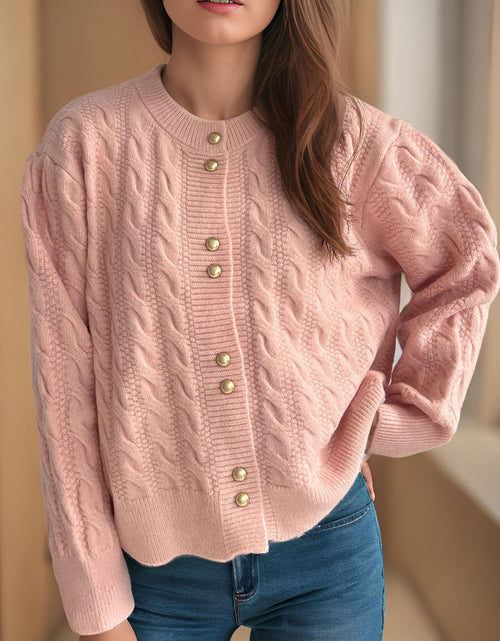 Load image into Gallery viewer, Cable-Knit Round Neck Long Sleeve Cardigan
