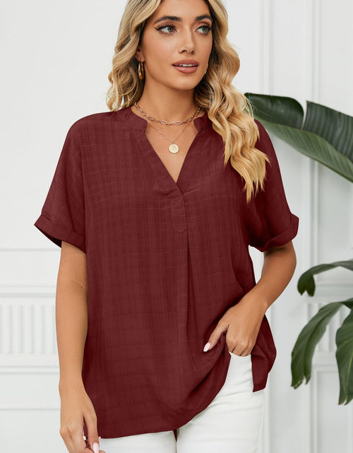 Load image into Gallery viewer, Side Slit Notched Neck Cuffed Short Sleeve Blouse
