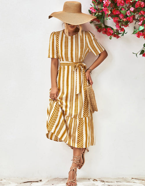 Load image into Gallery viewer, Striped Tie Belt Round Neck Puff Sleeve Dress
