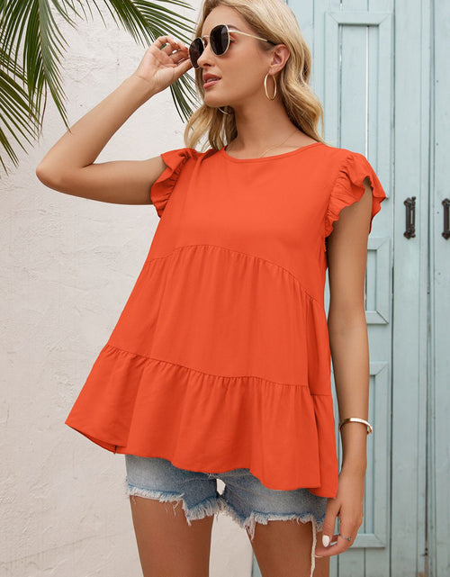 Load image into Gallery viewer, Ivy Lane Round Neck Flutter Sleeve Tiered Blouse
