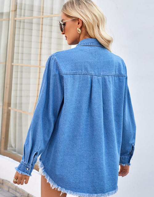 Load image into Gallery viewer, Raw Hem Button Up Long Sleeve Denim Jacket with Sequin Pockets
