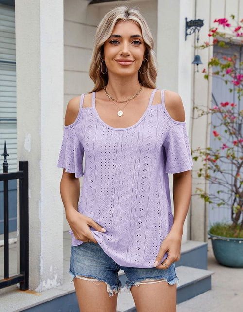 Load image into Gallery viewer, Florira Round Neck Cold Shoulder Eyelet T-Shirt
