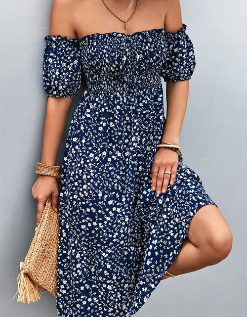 Load image into Gallery viewer, Ditsy Floral Smocked Frill Trim Off-Shoulder Dress
