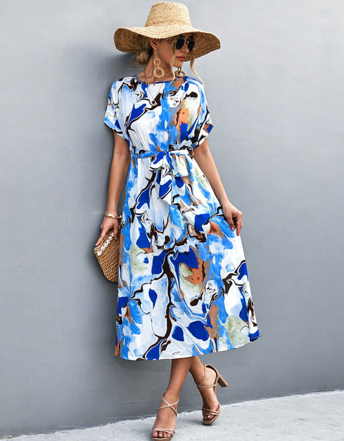 Load image into Gallery viewer, Round Neck Short Sleeve Tie Waist Midi Dress
