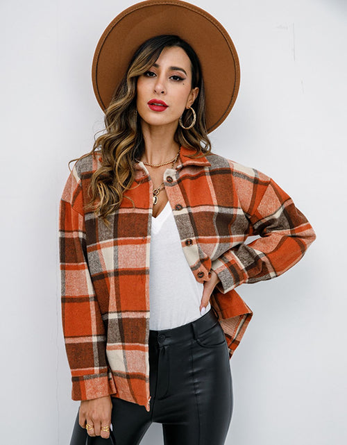 Load image into Gallery viewer, Shiny Plaid Button Up Collared Neck Jacket
