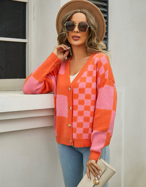 Load image into Gallery viewer, Angel Wings Plaid V-Neck Dropped Shoulder Cardigan
