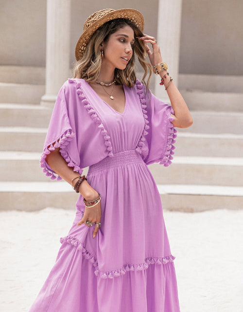 Load image into Gallery viewer, Tassel Trim Smocked V-Neck Short Sleeve Dress
