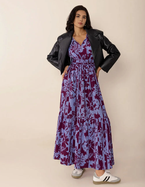 Load image into Gallery viewer, Printed Tie Neck Balloon Sleeve Maxi Dress
