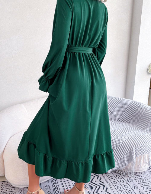 Load image into Gallery viewer, Contrast Belted Flounce Sleeve Dress
