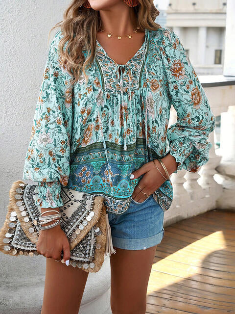 Load image into Gallery viewer, Bohemian Tie Neck Lantern Sleeve Blouse
