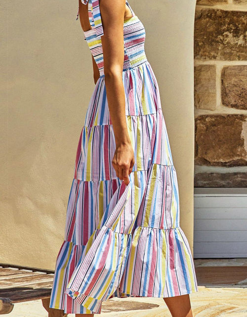 Load image into Gallery viewer, Striped Tie-Shoulder Smocked Tiered Dress
