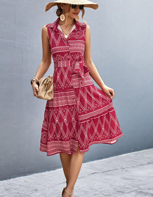 Load image into Gallery viewer, Printed Button Front Tie-Waist Sleeveless Collared Dress
