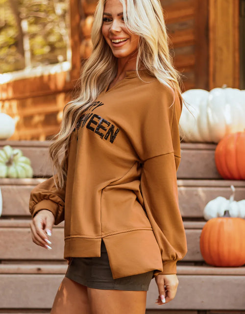 Load image into Gallery viewer, Sequin Letter Graphic Notched Long Sleeve Sweatshirt
