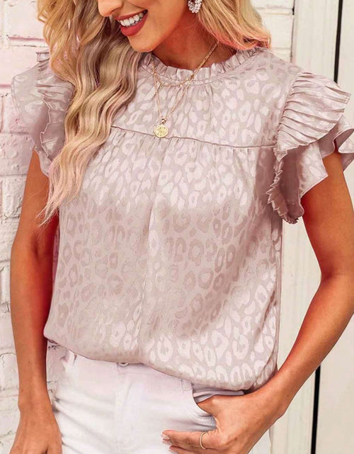 Load image into Gallery viewer, Leopard Frill Mock Neck Ruffled Cap Sleeve Top
