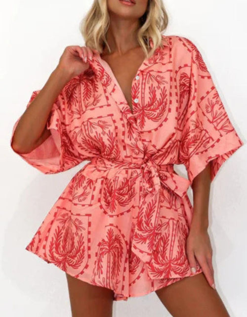 Load image into Gallery viewer, Printed Tie Waist Half Sleeve Romper

