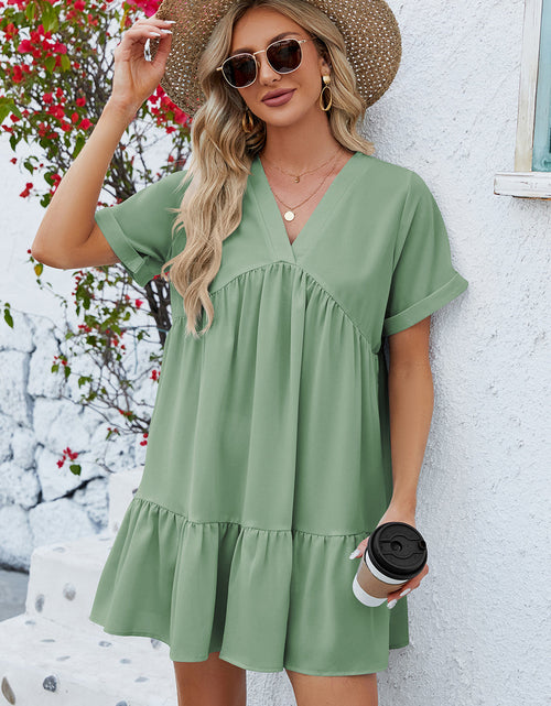 Load image into Gallery viewer, Ruched Tiered V-Neck Short Sleeve Mini Dress
