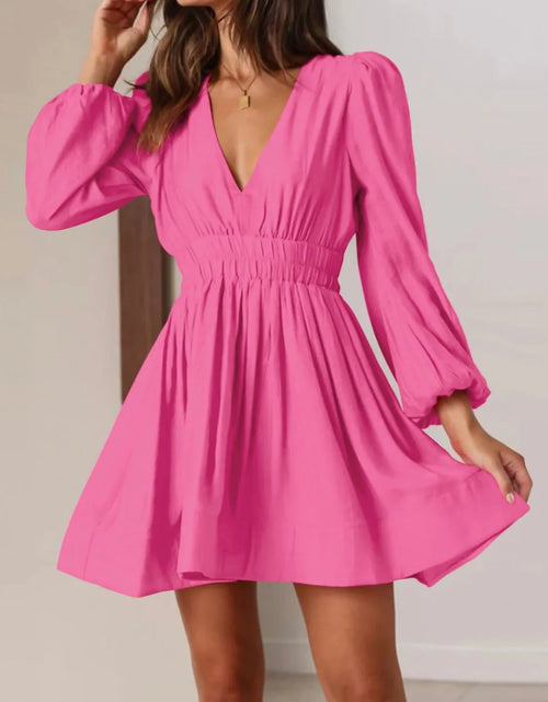 Load image into Gallery viewer, Ruched V-Neck Balloon Sleeve Mini Dress
