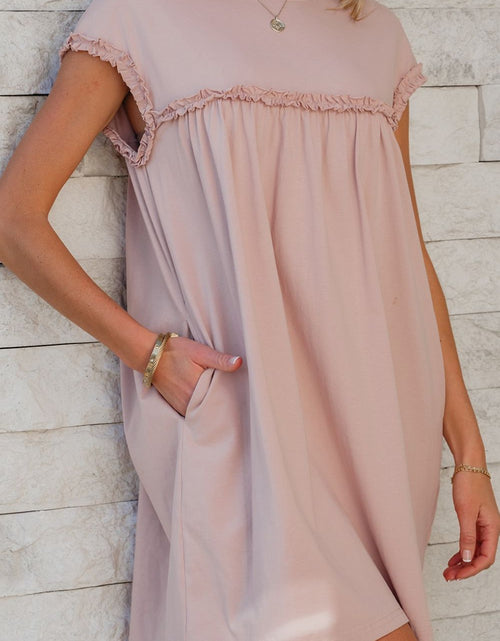 Load image into Gallery viewer, Frilled Trim Crew Neck Cap Sleeve Loose Fit Mini Dress
