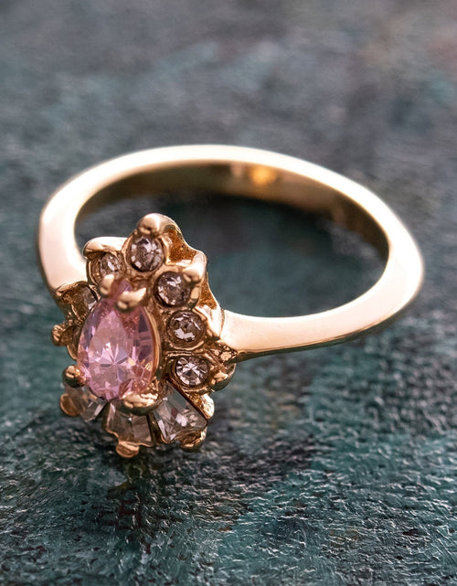 Load image into Gallery viewer, Vintage 1990's Ring Ruby and Clear Austrian Crystals 18k Yellow Gold Plated by PVD Vintage Jewelry
