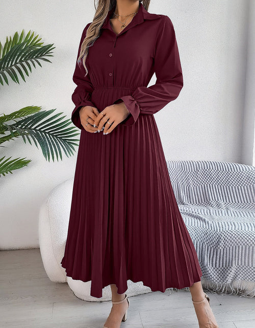 Load image into Gallery viewer, Pleated Half Button Long Sleeve Midi Dress
