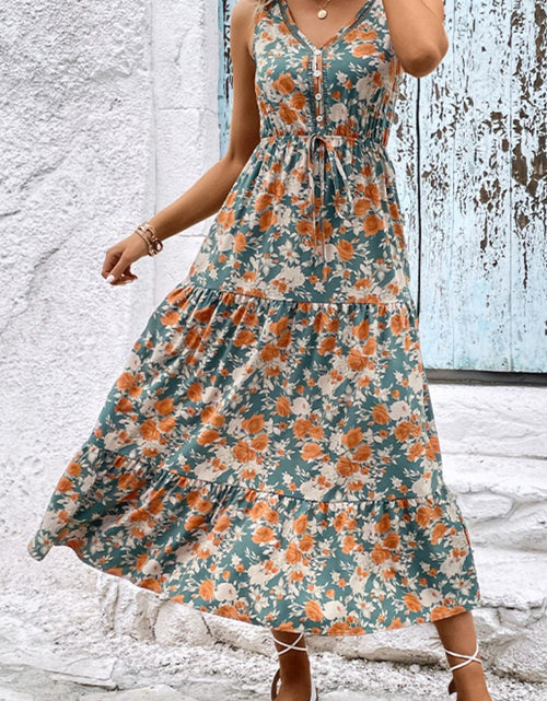 Load image into Gallery viewer, Perfee Floral V-Neck Tiered Sleeveless Dress

