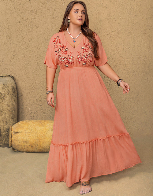 Load image into Gallery viewer, Plus Size Frill Embroidered V-Neck Half Sleeve Maxi Dress

