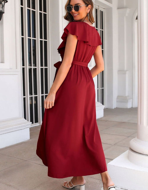 Load image into Gallery viewer, Tied Front Ruffled Short Sleeve Midi Dress
