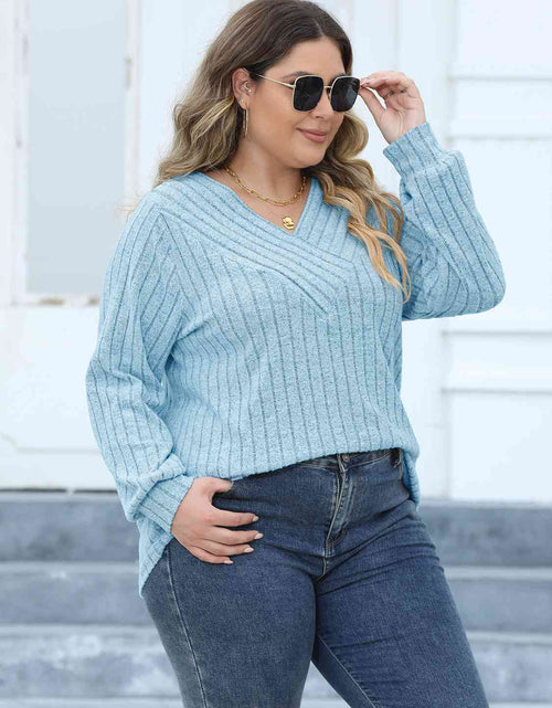 Load image into Gallery viewer, Plus Size Ribbed V-Neck Long Sleeve Top
