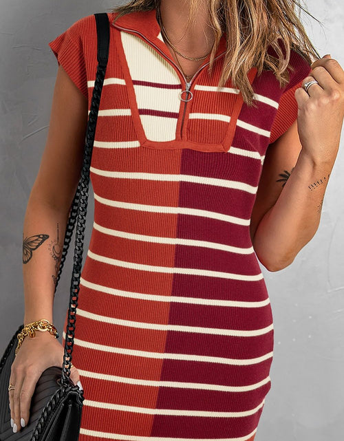 Load image into Gallery viewer, Striped Quarter Zip Cap Sleeve Sweater Dress
