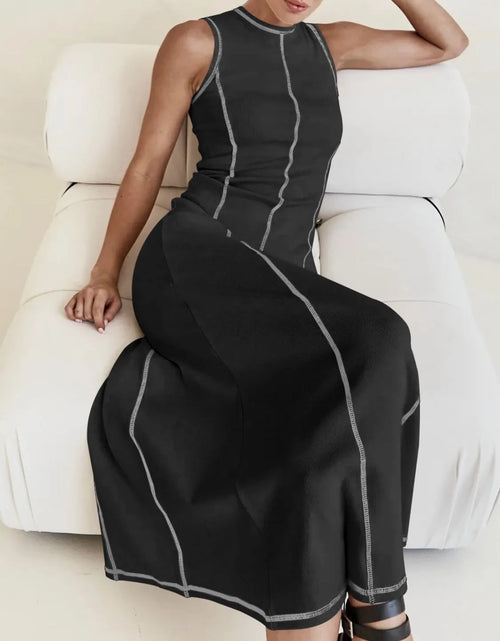 Load image into Gallery viewer, Contrast Stitching Round Neck Sleeveless Midi Dress
